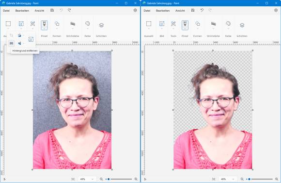 Zweimal das Porträt-Bild der Autorin in Paint. Links mit Hintergrund, rechts freigestellt 