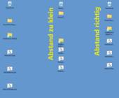 Desktop-Icons: links mit zu grossem Abstand, in der MItte mit zu kleinem Abstand und rechts mit korrektem Abstand