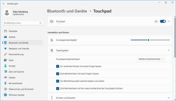 Screenshot zeigt Touchpad-Einstellungen unter Windows 11 