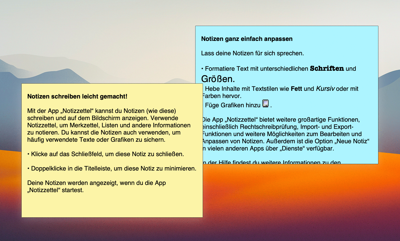 Screenshot der Notizzettel