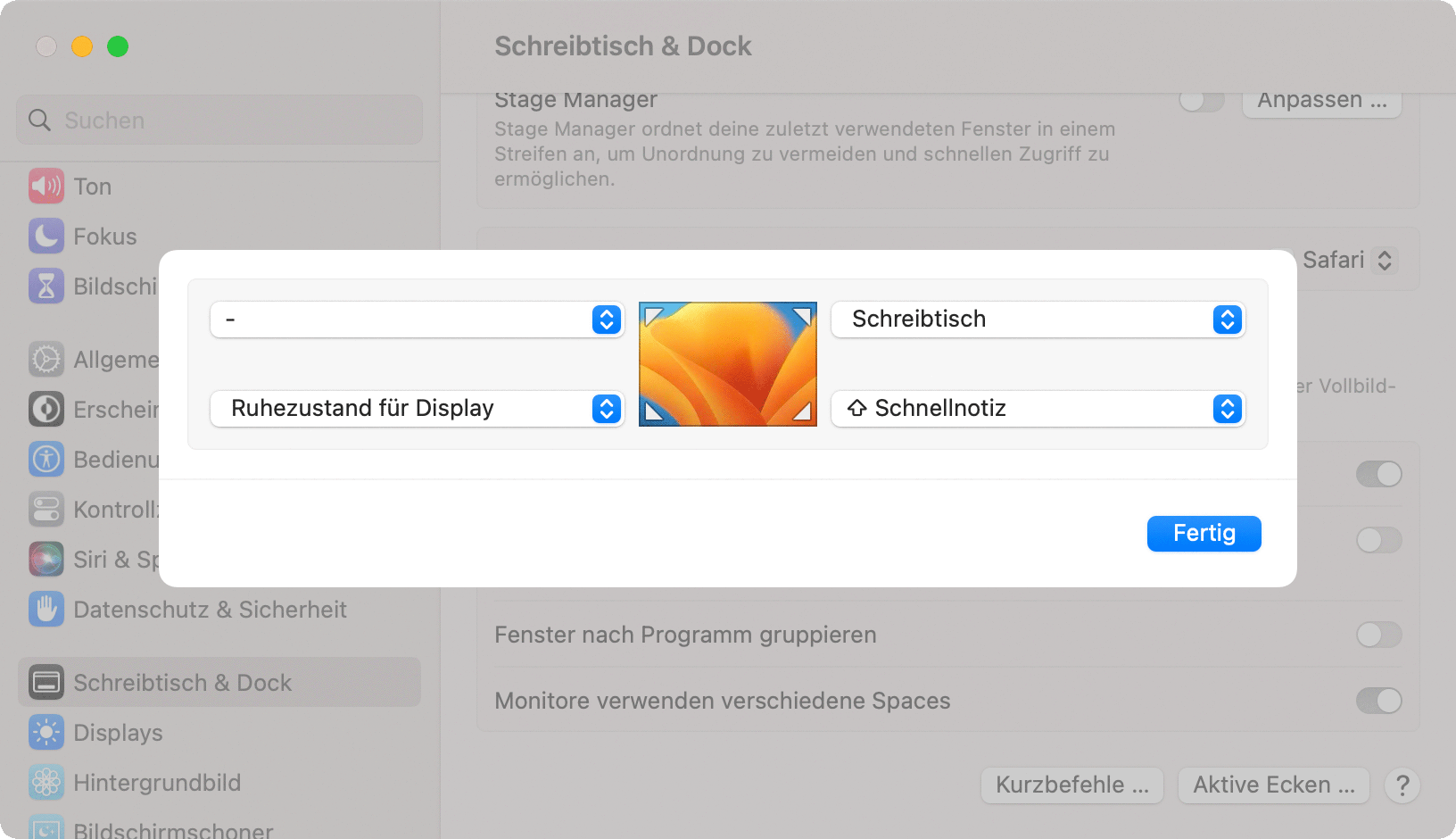 Einstellungen für die aktiven Ecken