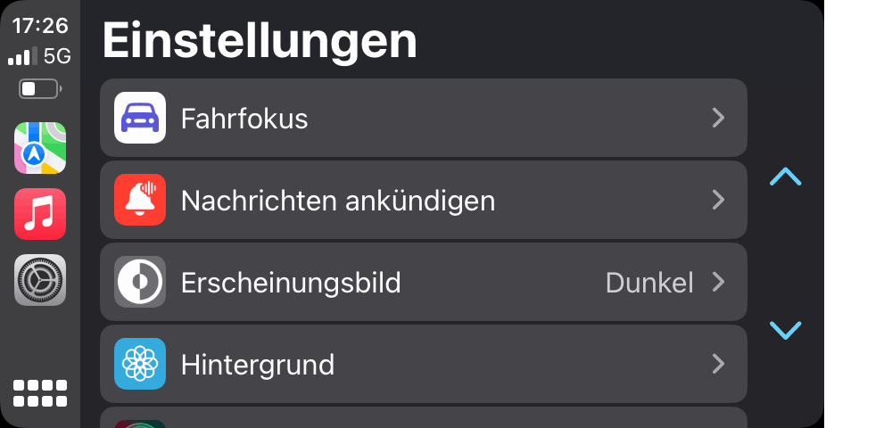 Einige wenige Einstellungen lassen sich direkt am CarPlay-Gerät vornehmen CarPlay-Einstellungen am Gerät