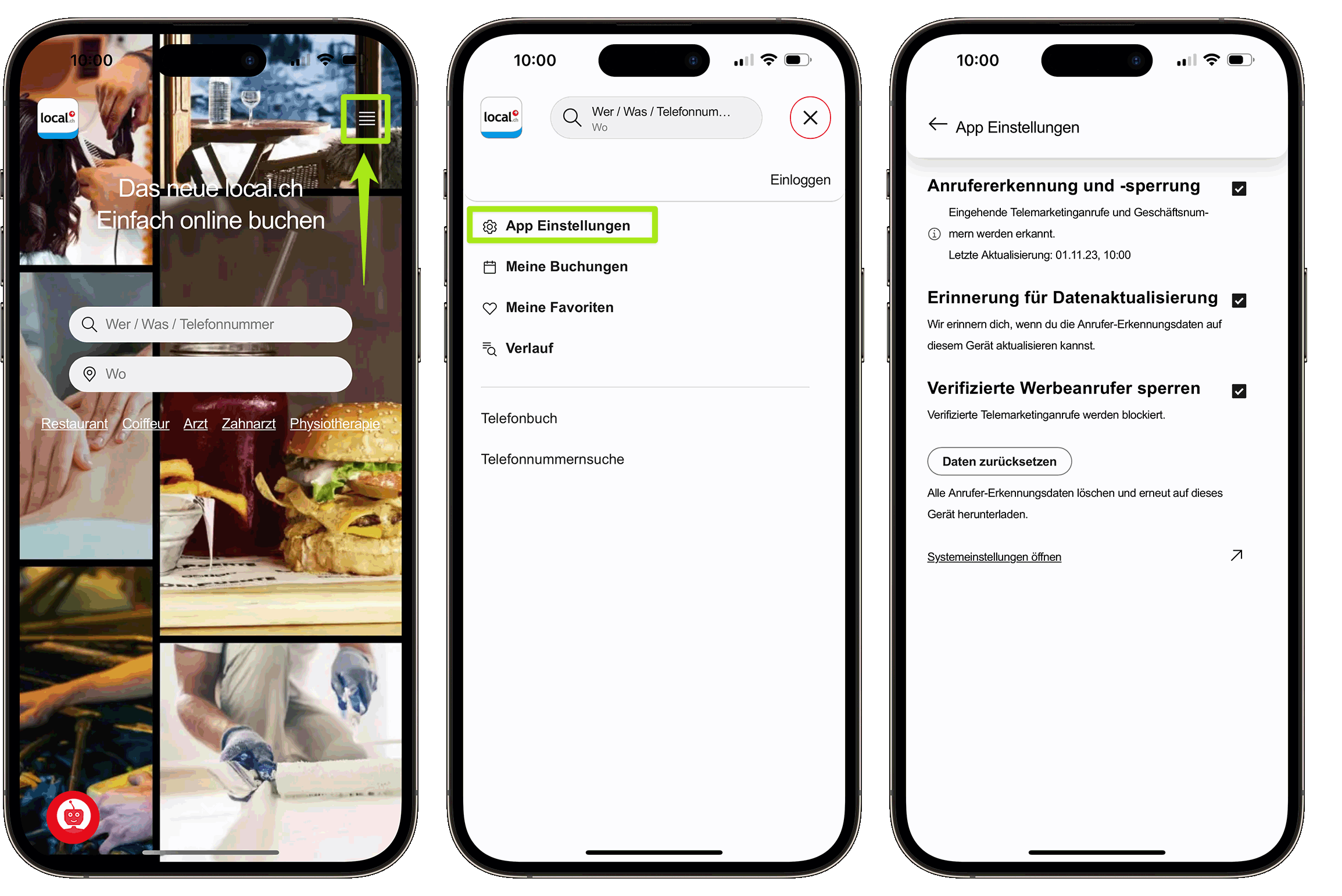 Die Einstellungen von local.ch