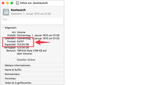 Das Info-Fenster im Mac-Finder zu einem Massenspeicher