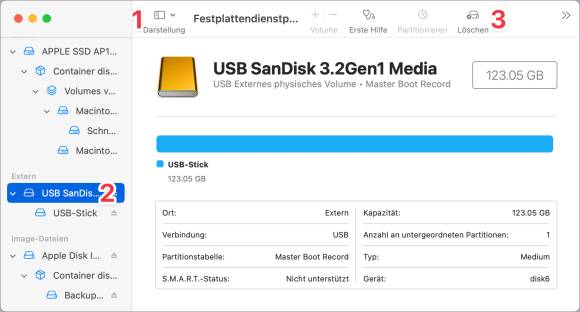 Der Dialog von «Festplattendienstprogramm» wird erweitert