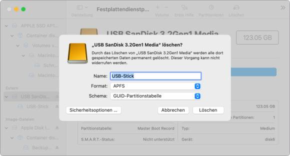 Der erweiterte Dialog zeigt jetzt auch das Dateisystem APFS