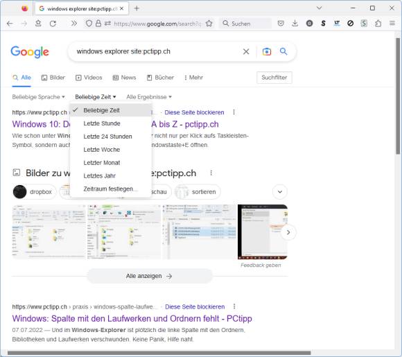 Screenshot der Bedienelemente für die Datums-Suchfilter