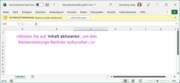 Screenshot Excel-Datei mit gelbem Meldungsbalken