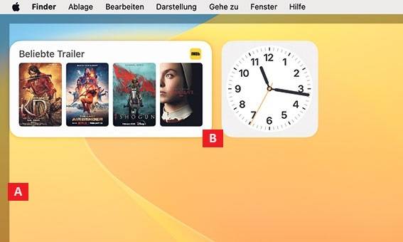 Bild 2: Der graue Rahmen in Stage Manager und zwei Widgets auf dem Schreibtisch