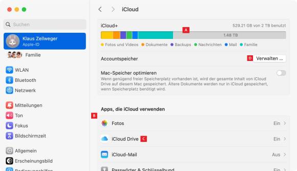 Bild 1: Die Einstellungen zu iCloud zeigen alle wichtigen Informationen auf einen Blick
