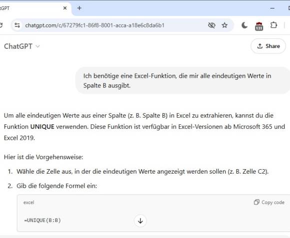 Bild 11: Hier täuscht sich ChatGPT: «Unique» ist eine englische Excel-Funktion