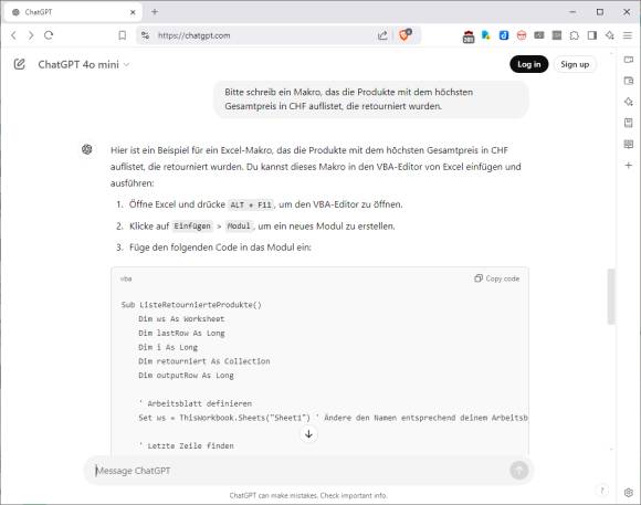 Bild 12: Selbst die ChatGPT-Version ohne Log-in erstellt auf Wunsch ganze Excel-Makros
