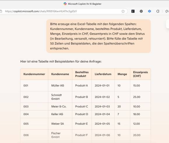 Bild 7: Eine Demotabelle erzeugt Copilot direkt im Edge-Browser