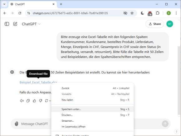 Bild 8: Wenn Sie bei ChatGPT eingeloggt sind, können Sie fertige Tabellen direkt herunterladen und in Excel öffnen