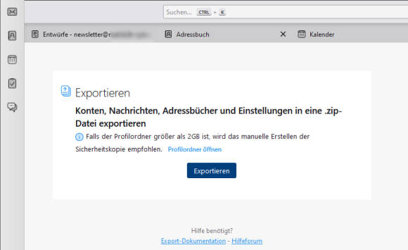 Bild 10: Alle Konten, E-Mails, Adressbücher und Einstellungen lassen sich als ZIP-Archiv exportieren