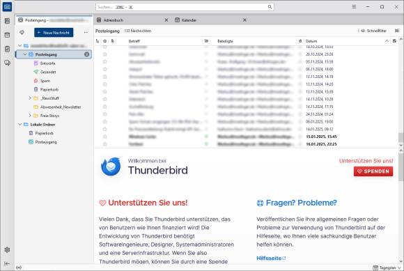 Bild 5: Der E-Mail-Client Thunderbird gliedert sich in Ordnerbereich, Nachrichtenbereich und Lesebereich nebst Symbol- und Statusleiste