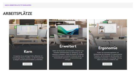 Via «Logitech for Business»-Website lassen sich Geräte nach Arbeitsplatz auswählen