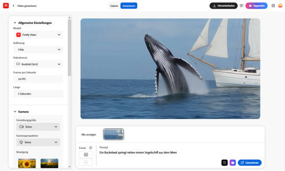 Bild 8: Ein kurzer deutscher Prompt bringt ein realistisches Video hervor, in dem ein Buckelwal aus dem Wasser springt