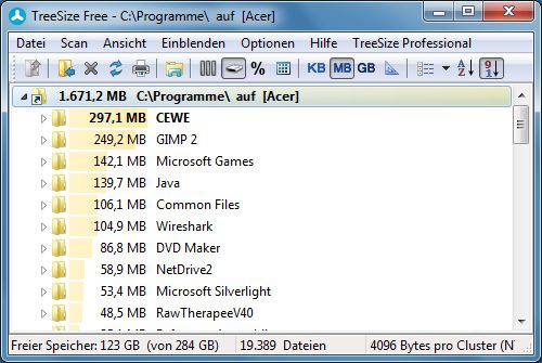 Speicherfresser entlarven: Treesize Free zeigt nach Grösse sortiert an, welche Ordner wieviel Speicherplatz belegen.