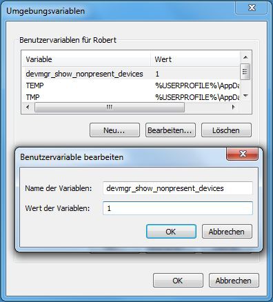Umgebungsvariable einrichten: Mit der neuen Variable "devmgr_show_nonpresent_devices" zeigt der Geräte-Manager auch nicht angeschlossene Laufwerke an.