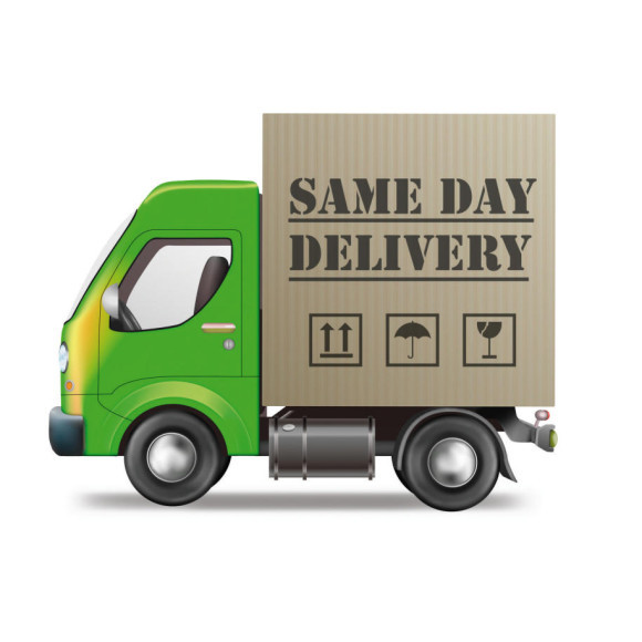 Grüner Lastwagen mit "Same Day Delivery"-Aufschrift 