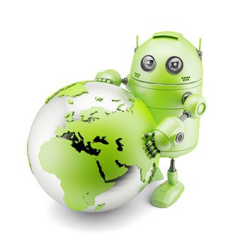 Android-Roboter mit Weltkugel Android-Roboter mit Weltkugel