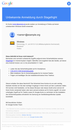 Stagefright-Warnung: So sieht die gefälschte Google-Mail aus.