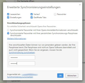 Opera Sychronisierungseinstellungen