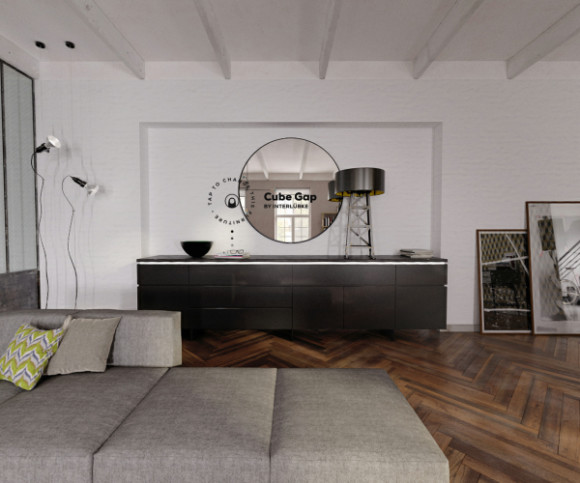 Wohnzimmer mit grauem Sofa 