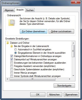 Ordneroptionen: Die Beschriftung der Schaltfläche ist missverständlich. Ein Klick auf „Für Ordner übernehmen“ übernimmt die Ansichtseinstellungen für sämtliche vorhandenen Ordner (Bild 3).