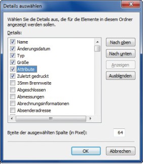 Detailansicht festlegen: Der Detailansicht eines Ordners lassen sich Spalten hinzufügen, zum Beispiel „Attribute“ oder „Zuletzt gedruckt“ (Bild 2).