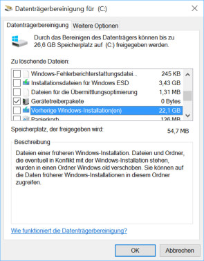 Datenträgerbereinigung Windows 10