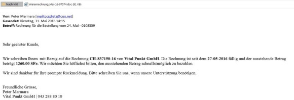 Warnung vor Schweizer Rechnungs-E-Mails mit Schadsoftware als Attachment 