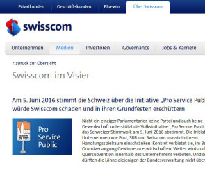 Swisscom begrüsst Nein zur Volksinitiative ?Pro Service public? 