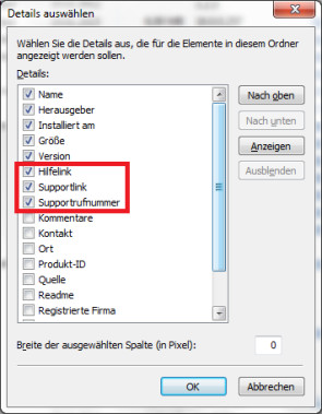 Support-Infos einblenden
