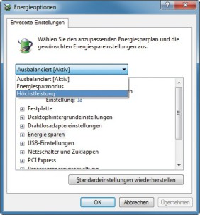 Energiesparplan auswählen: Der derzeit im System aktive Energiesparplan ist mit „[Aktiv]“ gekennzeichnet (Bild 6).