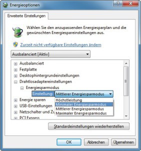 Drahtlosadaptereinstellungen: Bei Problemen mit Funknetzen wählen Sie die Einstellung „Minimaler Energiesparmodus“ (Bild 7).