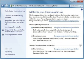 Energieoptionen: In dieser Hauptansicht haben Sie die Wahl zwischen drei Energiesparplänen (Bild 1).