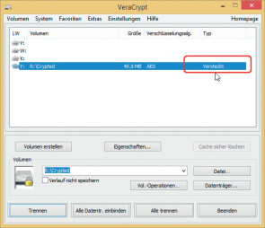 Trennen: Die Verbindungen zu verschlüsselten oder versteckten VeraCrypt-Laufwerken lassen sich mit „Trennen“ jederzeit lösen.