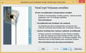 Volumen erstellen: VeraCrypt verschlüsselt Containerdateien, Partitionen und Laufwerke sowie System-Partitionen und System-Laufwerke.