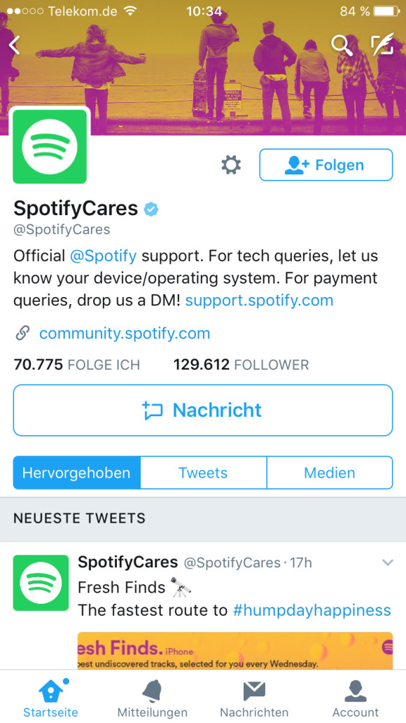 Spotifys Twitter Profil mit Direktnachrichten
