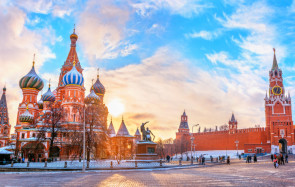 View of Kremlin and Cathedral of St. Basil at the Red Square 