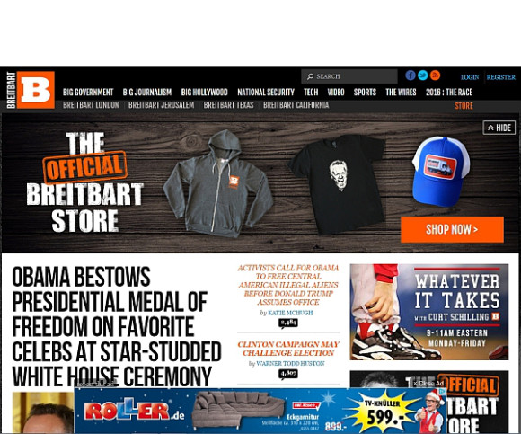 Breitbart-Screenshot mit Werbebanner von Roller.de