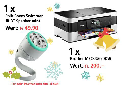 Am 14. Dezember Drucker Brother MFC-J4620DW und Polk Boom Swimmer JR BT Speaker gewinnen Am 14. Dezember Drucker Brother MFC-J4620DW und Polk Boom Swimmer JR BT Speaker gewinnen