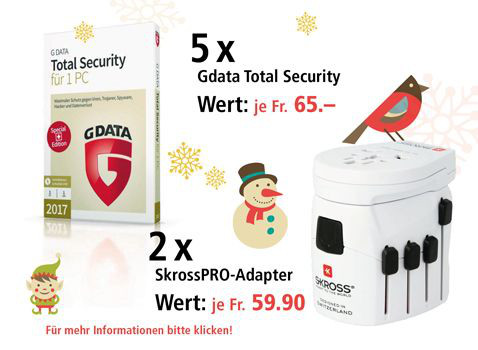 Am 19. Dezember einen Skross PRO-Reiseadapter und G DATA Total Security 2017 gewinnen Am 19. Dezember einen Skross PRO-Reiseadapter und G DATA Total Security 2017 gewinnen