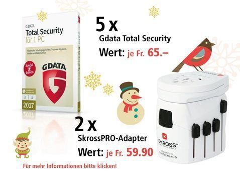 Am 24. Dezember Skross PRO-Reiseadapter und G DATA Total Security 2017 gewinnen Am 24. Dezember Skross PRO-Reiseadapter und G DATA Total Security 2017 gewinnen