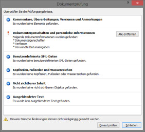 Persönliche Informationen entfernen: Die Dokumentenprüfung sucht alle persönlichen Informationen der Word-Datei. Über die Schaltfläche "Alle entfernen" lassen sich diese Informationen dann löschen. 