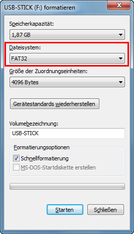 Formatieren: Unter "Dateisystem:" wählen Sie das gewünschte Dateisystem für den Flash-Speicher aus.