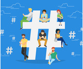 Menschen mit Smartphones sitzen in Hashtag