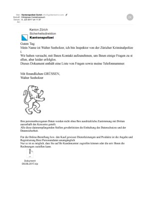 Falschen Mails mit Absender Kantonspolizei Zürich im Umlauf 